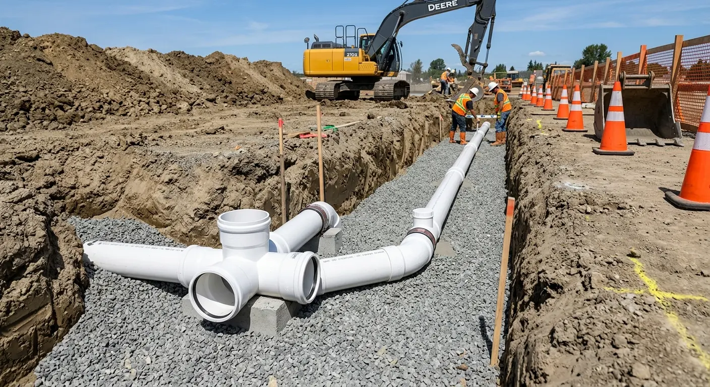 New PVC sewer pipe installation in open trench for Sewer Backup in Kanab