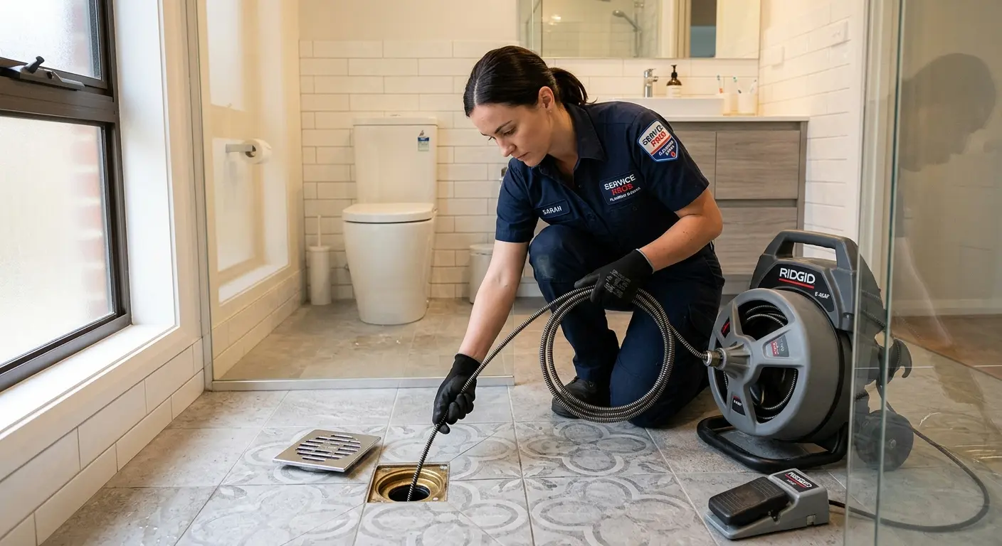 Technician clearing a bathroom floor drain for Hydro Jetting in Kanab